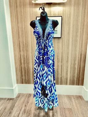 True Colours  by La Moda Sleeveless Blue Ikat V-Neck Maxi Dress with Tie Waist